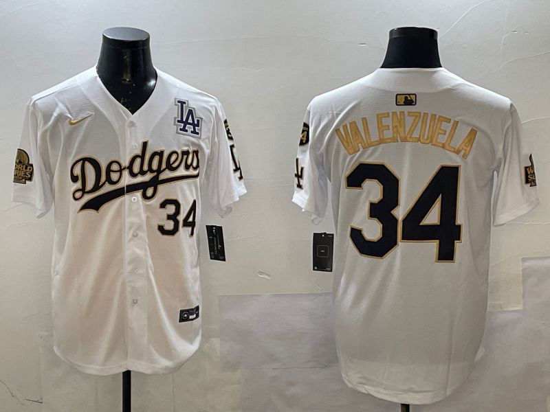 Men Los Angeles Dodgers #34 Valenzuela White gold Fashion 2025 Nike MLB Jersey style 2->los angeles dodgers->MLB Jersey